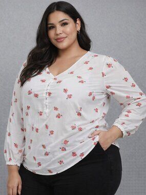 LOFT Plus White Floral Long Sleeve Blouse, Polyester Lined Size 24.